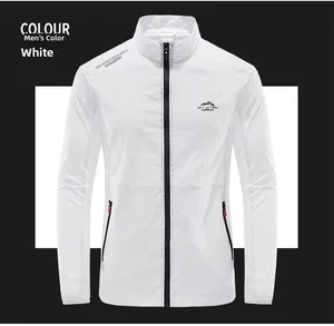 Detail of white men's lightweight sun protection jacket with outdoor logo and stand collar