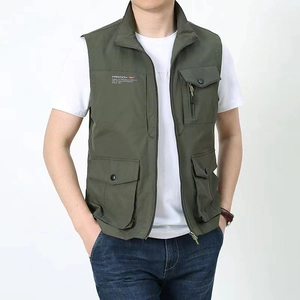 Men's outdoor utility vest in army green featuring multi-pocket design and stand collar