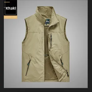 Detail of khaki outdoor vest showing multi-pocket design and breathable mesh lining
