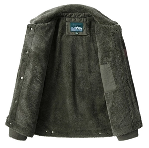 Army green fleece-lined winter jacket for men with ribbed cuffs and button closure