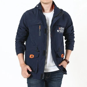 Navy blue outdoor hooded jacket with orange zippers and multiple functional pockets
