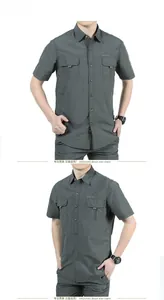 Detail of grey quick-dry outdoor shirt featuring dual utility chest pockets and buttons