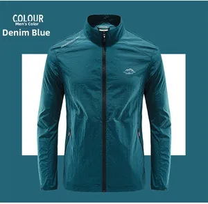Detail view of denim blue lightweight ice silk jacket with standing collar and zipper pockets