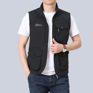 Men's outdoor utility vest in black with multiple pockets and stand collar design