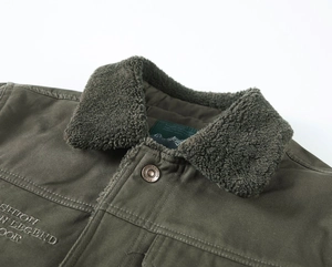 Rugged men's fleece-lined cargo jacket in dark khaki with plush faux fur collar and embroidery