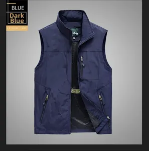 Detail of dark blue outdoor vest showing stand collar and breathable mesh lining