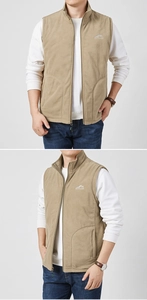 Detail of khaki fleece vest showing outdoor embroidery and zipper on stand collar