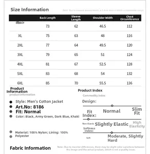 Detailed size chart for men winter cotton coat featuring measurements from L to 6XL