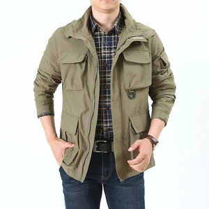 Men's olive green outdoor tactical jacket with functional pockets and standing collar