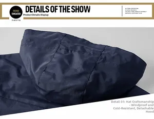Detail of detachable hood and premium stitching on dark blue windproof outdoor jacket
