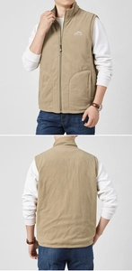 Close-up of khaki fleece vest with outdoor embroidery and full zipper closure