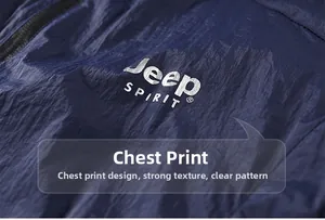 Macro detail of dark blue ice silk fabric texture and Jeep SPIRIT chest logo print