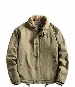 Detail of army green N1 deck jacket showing sherpa fleece collar and A.R.M.Y. print