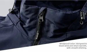 Detail of outdoor jacket with waterproof fabric, windproof collar and SPORTS zipper puller