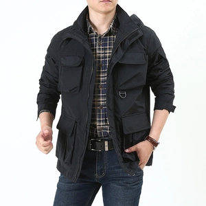 Men's casual black outdoor hooded jacket with functional multi-pocket utility design
