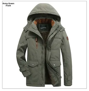 Detail of warm green parka with thick brown fleece lining and embroidered chest pockets