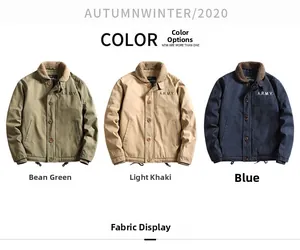 Detailed view of N1 deck jackets in three colors with warm lamb wool collars and chest print