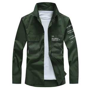 Dark green long sleeve work shirt for men featuring chest pockets and white text details