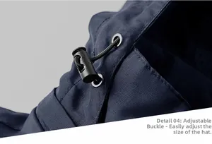 Detail 04 showing adjustable elastic drawstring buckle and metal eyelet on dark blue jacket