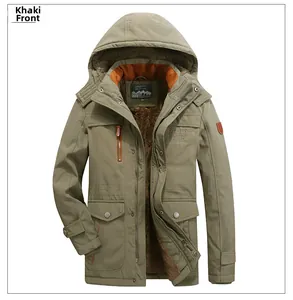 Detail view of khaki winter parka showing thick fleece lining and durable canvas texture