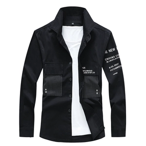 Men's black long sleeve business casual shirt with stripe detail and white text prints