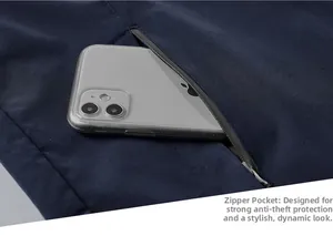 Detail of the hooded jacket featuring a secure zipper pocket showing smartphone capacity