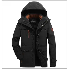 Detail view of black winter parka with warm brown fleece lining and hooded design