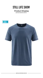Close-up of grey-blue breathable mesh fabric and collar detail of men's quick-dry T-shirt