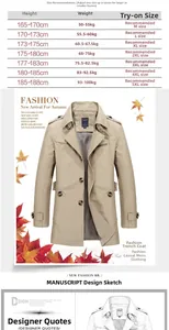 Detailed men's cotton trench coat size chart with height and weight recommendations
