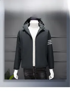 Close-up of windproof hooded jacket sleeve with three-stripe design and sport texture