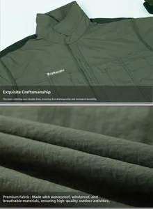 Detail of waterproof breathable fabric and reinforced double stitching on outdoor shirt