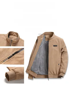 Detail of khaki corduroy jacket showing ribbed cuffs, metal zipper, and striped lining