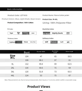 Detailed size chart and fabric specifications for men's vintage winter deck jacket