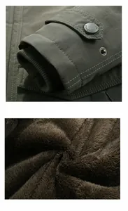 Detail of ribbed windproof cuffs and thick brown fleece lining on army green jacket