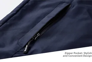 Macro detail of men's outdoor jacket showing deep blue fabric and zipper pocket with sports tag