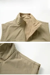 Detail of khaki men's vest showing stand collar zipper and warm polar fleece lining