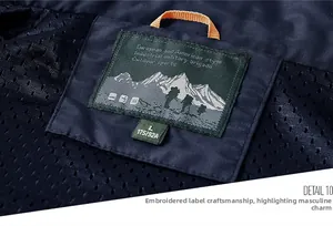 Detail of outdoor jacket collar label with breathable mesh lining and logo