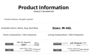 Detailed size chart and fabric specifications for three-stripe windproof outdoor jackets