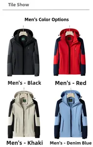 Detail showing outdoor hooded jackets in black, red, khaki, and denim blue colors