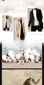 Detailed close-up of premium 100% cotton fabric texture on a men's trench coat