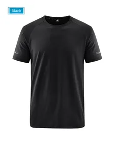Detail of black men's sport t-shirt featuring breathable mesh fabric and raglan sleeves