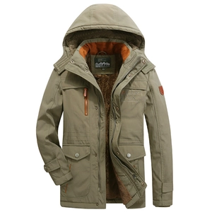 Men Winter Fleece Lined Parka Coat Hooded Thick Padded Cotton Jacket Loose Fit Multi Pocket Outdoor Warm Overcoat Casual