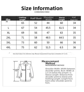 Detailed size chart for men outdoor windproof jacket showing M to 4XL dimensions