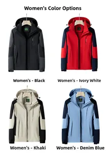 Detail view of women's outdoor jackets in four color schemes including navy and khaki