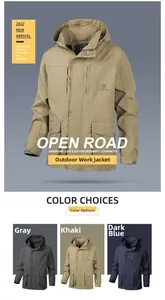 Detail view of khaki outdoor work jacket featuring detachable hood and large utility pockets