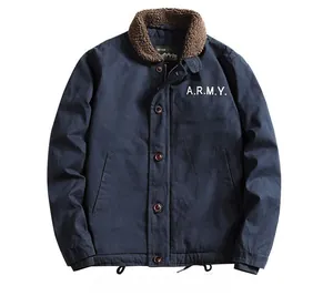 Detailed view of N1 deck jacket showing thick wool collar and A.R.M.Y. chest print