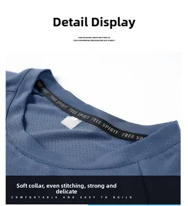 Detail of blue quick-dry T-shirt neckline with breathable mesh fabric and reinforced tape