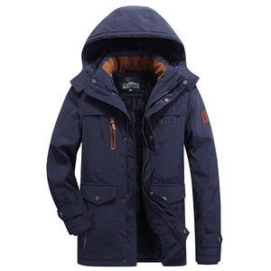 Men's dark blue hooded winter parka with thick black fleece lining and multi-pocket design
