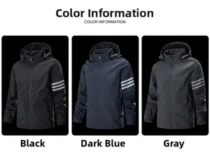 Waterproof outdoor jacket for men shown in black, navy, and grey color options