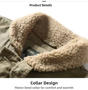 Detail of army green canvas work jacket featuring a beige fleece collar and outdoor label
